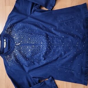 Quacker Factory Sparkle Stretch Embellished Ruffle Navy Blue Jacket